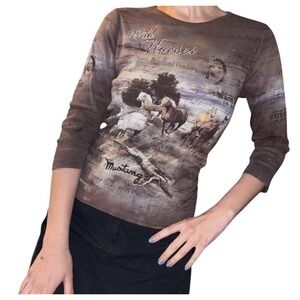 Studio Gem Top Women Large Vintage Y2K Rhinstone Wild Horses Ranch Rodeo Cowgirl